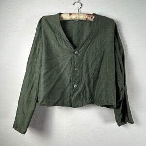 Vintage Blue Fish Women Green Silk Crinkle Cropped Blazer/Top Size 2 Lightweight